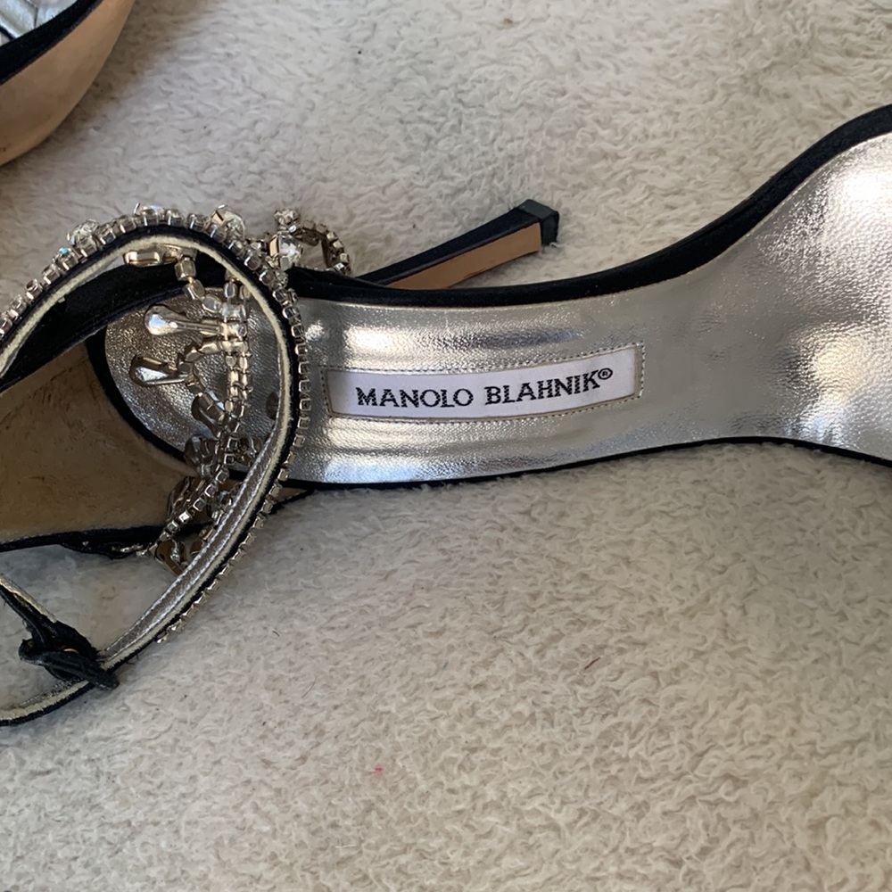 Black Satin Luxurious 4 inch Sandals with Crystal ankle bracelets. - Picture 6 of 6